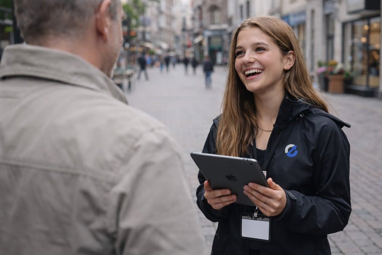 Woman in black jacket holding tablet speaking with man on urban street with buildings in background