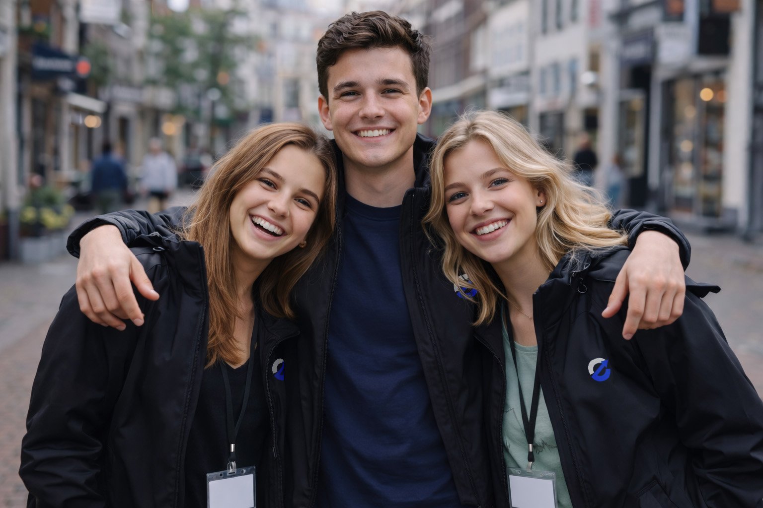 Three young professionals smiling with arms around each other on a city street, wearing black jackets and ID badges